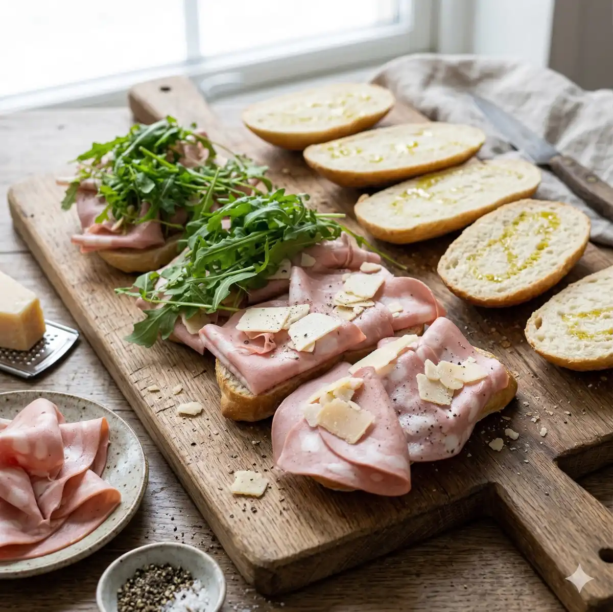 100Brote - Ciabatta mit Mortadella, Parmigiano Reggiano, frischem Rucola und Olivenöl