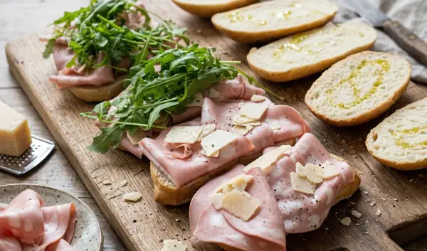 100Brote - Ciabatta mit Mortadella, Parmigiano Reggiano, frischem Rucola und Olivenöl