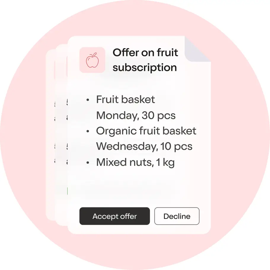 Illustration showing a comparison of multiple fruit delivery quotes and 1 kg of nuts. Emphasizes flexible corporate fruit services and healthy office snacking.
