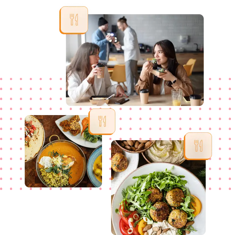 People eating lunch and photos of lunch plates served