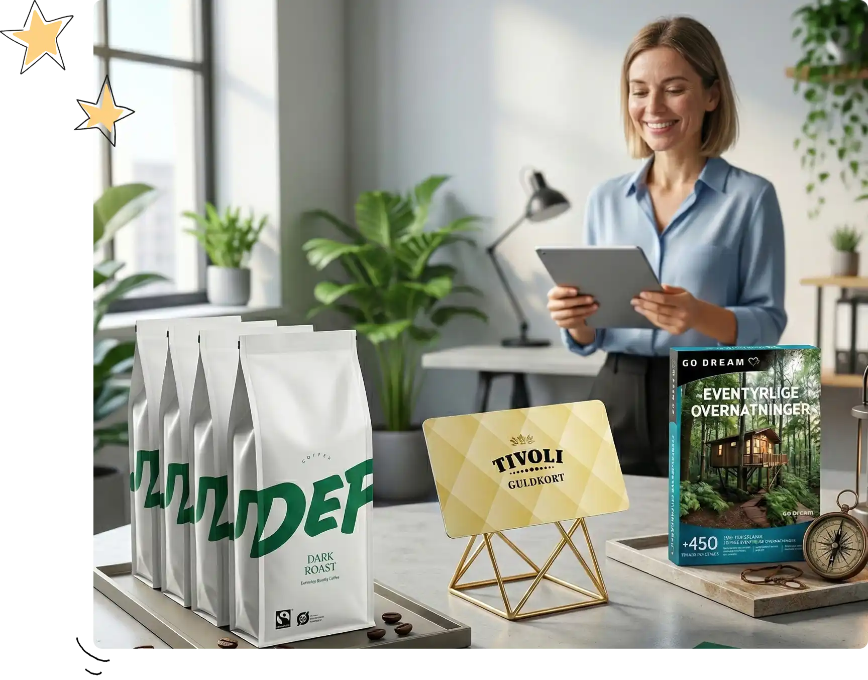 Person der modtager en gave af officeguru for at tage et møde omkring frokostordning eller rengøring