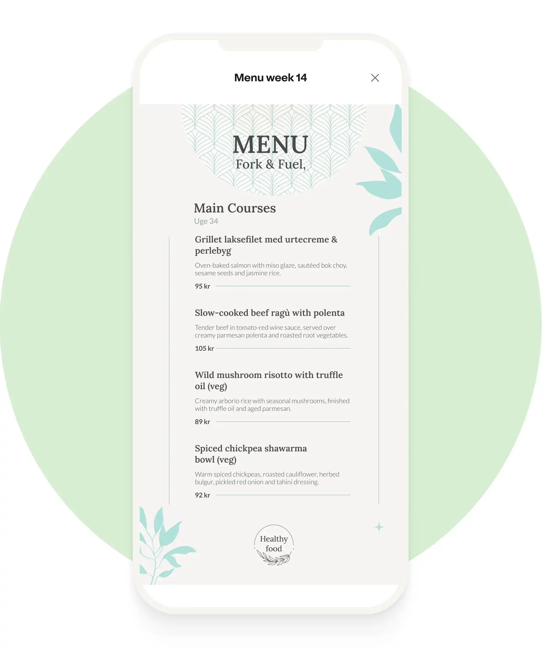 Illustration showing an example of weeks menu in the Officegurus lunch app.