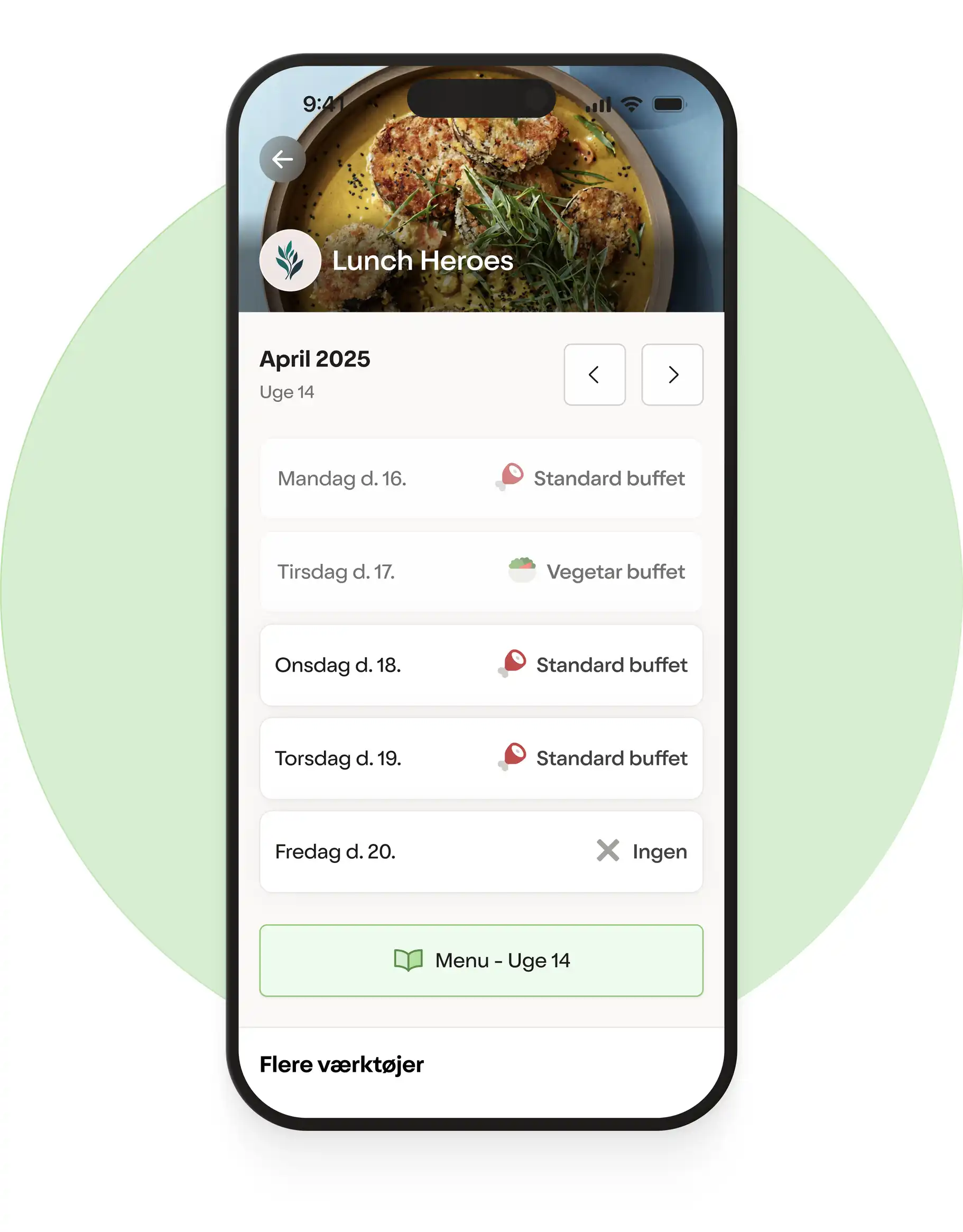 Skærmbillede af frokostappen med frokostvalg
