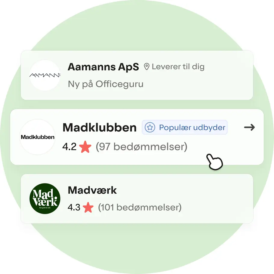 Grafik der viser hvordan man nemt kan vælge mellem forskellige køkkenleverandører der er tilknyttet Officegurus frokostordning. Man kan se hvem, der er populær og hvor mange stjerner de får fra andre brugere.