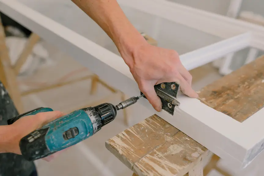 Handyman uses power drill to mount a hinge on wood